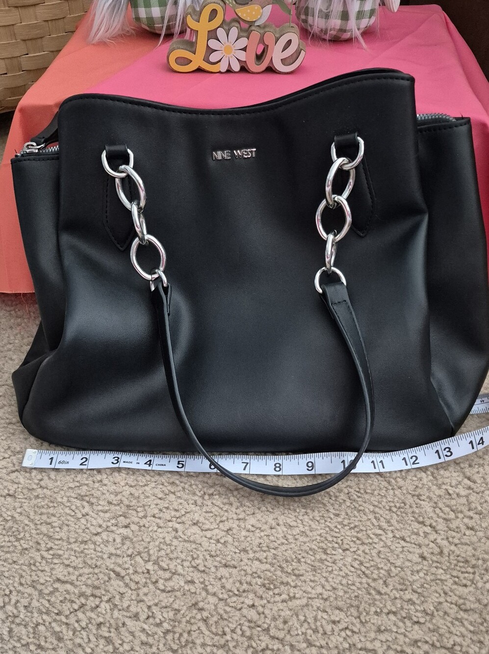 Nine West Black Tote with Silver Chain Links. VERY GOOD USED CONDITION - Picture 8 of 9
